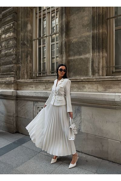 Rabury Butik Elizabeth Gold Belted-Buttoned Blazer Jacket and Pleated Skirt Set