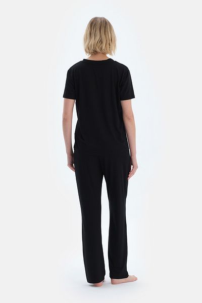 Dagi Black V-Neck Short Sleeve Viscose T-Shirt Pants Pajama Set
