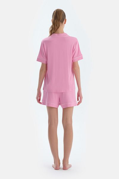 Dagi Pink Piping and Embroidery Detailed Viscose Shirt Shorts Pajama Set