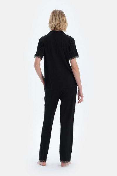 Dagi Black Lace Detailed Viscose Shirt Pants Pajama Set