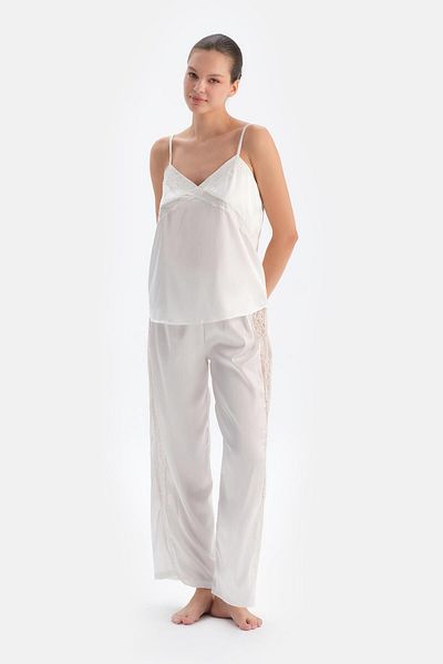 Dagi White Lace Detailed Satin Bride Trousers