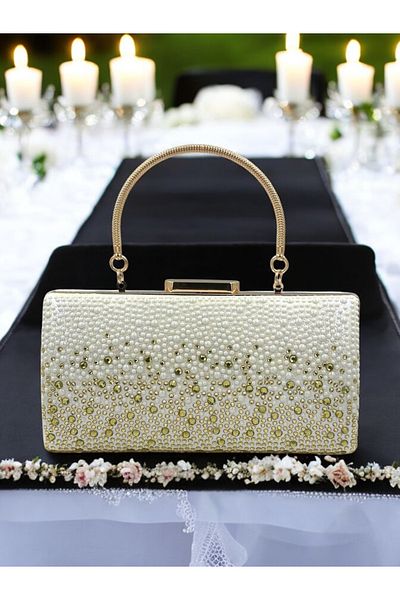 Wedding Fashion Special Design Metal Handle Crystal Jewelled Double Color Pearl Gold Evening Dress Bag Wedding Engagement Henna Graduation