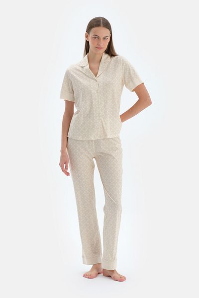 Dagi Light Yellow Rope Print Shirt Pants Pajama Set