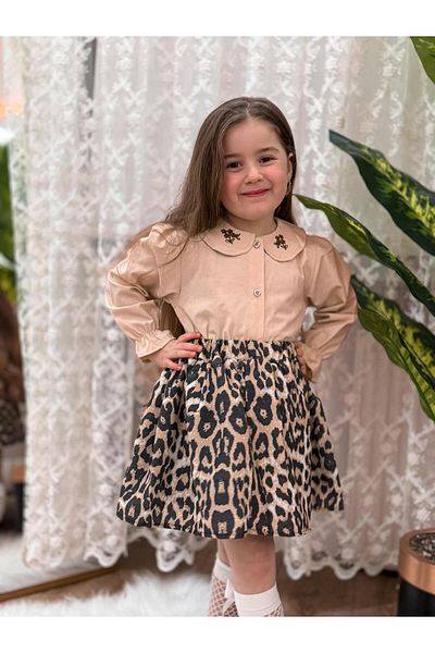 KOKOŞ BEBEK Girl's Embroidery and Leopard Detail Dress