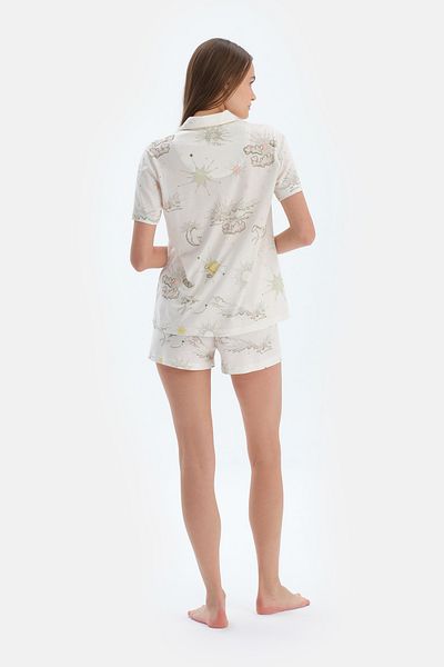 Dagi Ecru Cloud Print Shirt Shorts Pajama Set