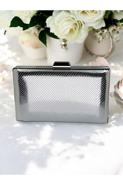 Ahenk Design Silver Color Herringbone Pattern Shiny Patent Leather Women's Evening Dress Bag Wedding Engagement