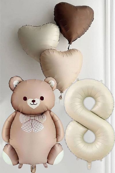 Atölye Mi 8Th Birthday Caramel Bow Tie Bear and 3 Retro Heart Balloons Balloon Set