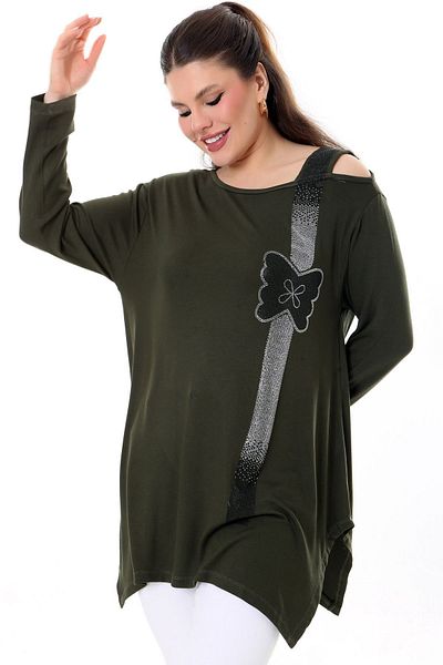 Kheos Single Shoulder Low-cut Round Neck Butterfly Stone Embroidered Side Slit Flexible Flowy and Comfortable Blouse