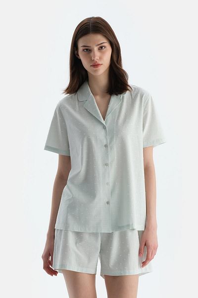 Dagi Turquoise Polka Dot Short Sleeve Woven Shirt