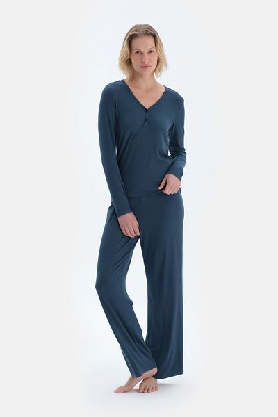 Dagi Navy Blue V-Neck Viscose Camisole T-Shirt Pants Pajama Set