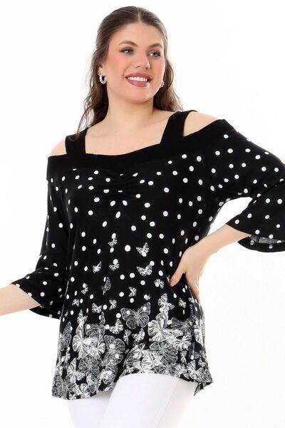 Kheos Front Back U Neck Chest Shirred Strap Off-the-shoulder Butterfly Printed Flounced Spanish Quarter Sleeve Casual Blouse