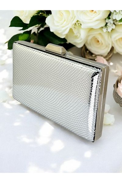 Ahenk Design Silver Color Herringbone Pattern Shiny Patent Leather Women's Evening Dress Bag Wedding Engagement