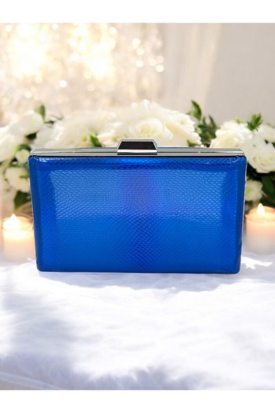 Wedding Fashion Saks Blue Color Herringbone Patterned Shiny Patent Leather Women's Evening Dress Bag Wedding Engagement