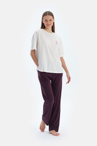 Dagi Ecru Print Detailed Short Sleeve T-Shirt Pants Pajama Set