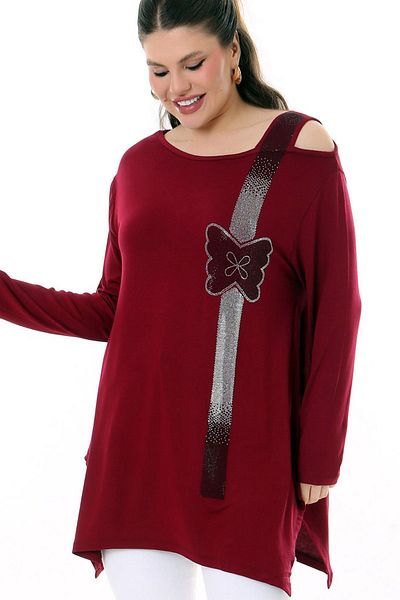 Kheos Single Shoulder Low-cut Round Neck Butterfly Stone Embroidered Side Slit Flexible Flowy and Comfortable Blouse
