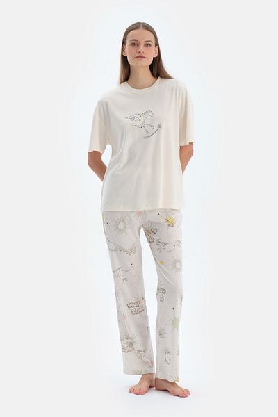 Dagi Ecru Print Detailed Short Sleeve T-Shirt Pants Pajama Set