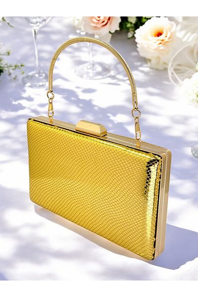 Ahenk Design Gold Color Herringbone Pattern Metal Handle Shiny Patent Leather Women's Evening Dress Bag Wedding Engagement