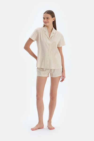 Dagi Ecru Polka Dot Printed Basic Shirt Shorts Pajama Set