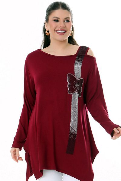 Kheos Single Shoulder Low-cut Round Neck Butterfly Stone Embroidered Side Slit Flexible Flowy and Comfortable Blouse