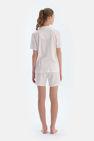 Dagi Light Pink Embroidery Detailed Striped Combed Modal Shirt Shorts Pajamas Set