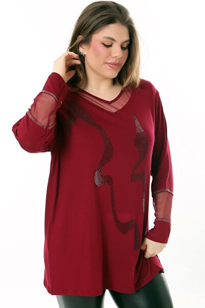 Kheos Μπλούζα με μακρυμάνικο μακρυμάνικο, άνετη και άνετη εφαρμογή με κεντημένη πέτρα με λαιμόκοψη σε σχήμα V με λεπτομέρεια από τούλι σε γιακά και μανίκι