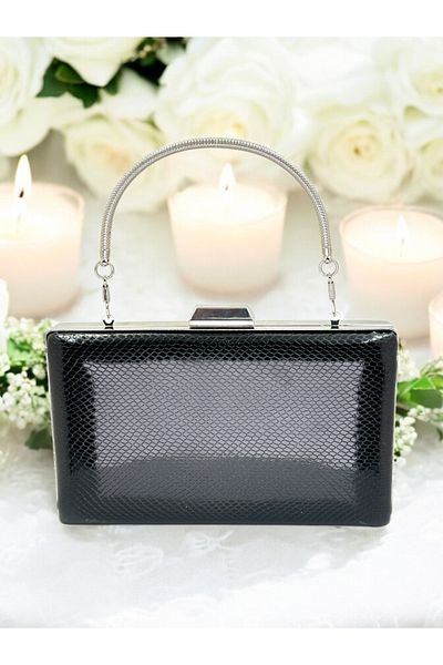 Ahenk Design Black Color Herringbone Pattern Metal Handle Shiny Patent Leather Women's Evening Dress Bag Wedding Engagement