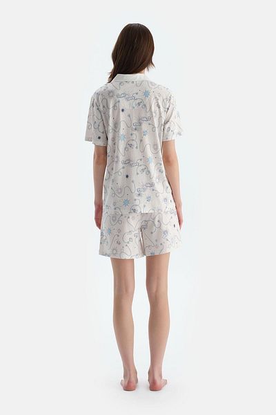 Dagi Ecru Meterage Printed Combed Cotton Modal Shirt Shorts Pajama Set