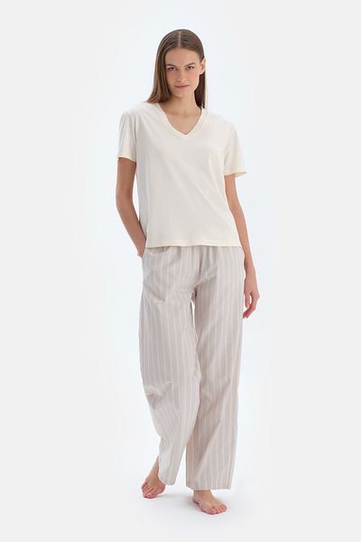 Dagi Ecru V-Neck Woven Trousers Pajama Set