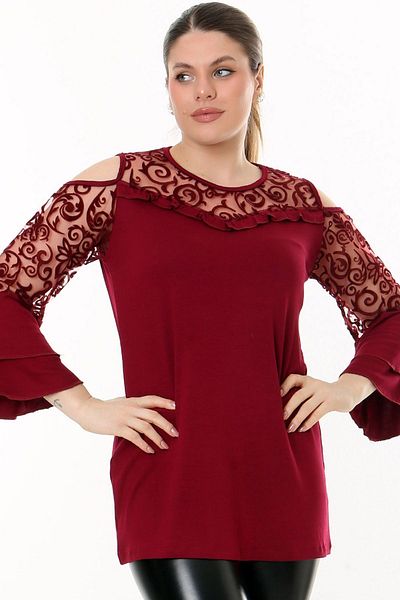 Kheos Flounce Sleeve Comfortable Flowy Lace Detailed Style And Cool Blouse