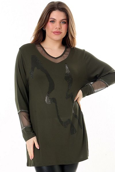 Kheos V-neck Stone Embroidered Comfortable and Flowy Fit Long Sleeve Plus Size Blouse with Tulle Detail on Collar and Sleeve