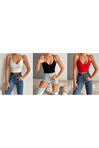 LOOKMEG Crop cu curele de frânghie cu decolteu în V triplu pentru femei