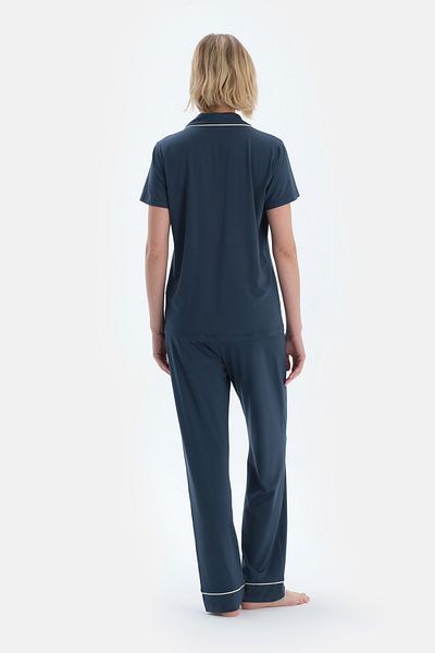 Dagi Set de pijamale cu pantaloni de cămașă de bază cu mânecă scurtă bleumarin