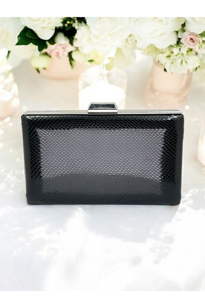 Ahenk Design Black Color Herringbone Patterned Shiny Patent Leather Women's Evening Dress Bag Wedding Engagement
