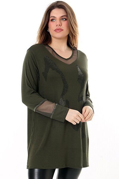 Kheos Μπλούζα με μακρυμάνικο μακρυμάνικο, άνετη και άνετη εφαρμογή με κεντημένη πέτρα με λαιμόκοψη σε σχήμα V με λεπτομέρεια από τούλι σε γιακά και μανίκι