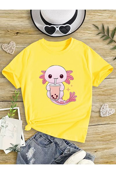 Let's Wear Тениска с кръгло деколте Bubble Tea Anime Compact с пениран памук за момичета