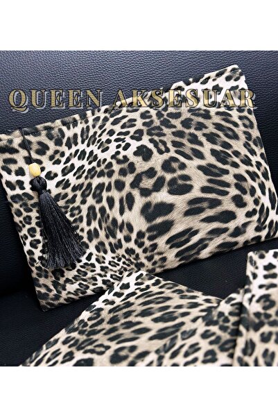 QUEEN AKSESUAR Design Modern Stylish Leopard Print Tassel Zipper Clutch Hand Invitation Makeup Bag