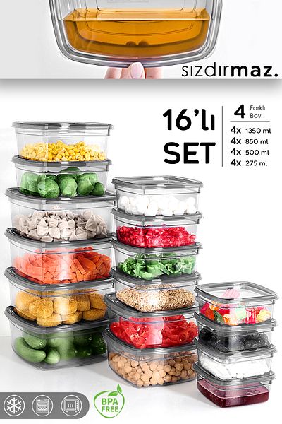 Meleni Home Set of 16 Anthracite Colored Square Storage Containers - Organizer Food Container 4X(275-500-850-1350)Ml