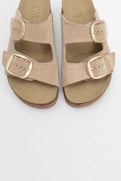 LuviShoes شبشب نسائي من الجلد الطبيعي ذو رباط مزدوج من جلد الغزال البيج من HARBOR بنعل سميك