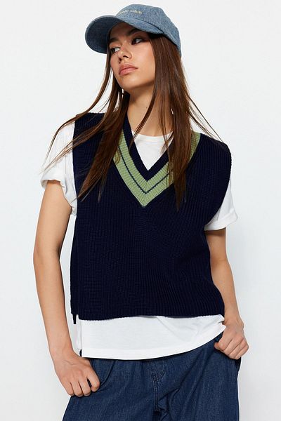 Trendyol Collection Indigo Crop V-nyakú kötött pulóver TWOAW21BZ0135