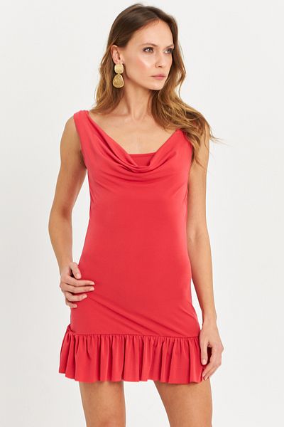 Cool & Sexy Korallenfarbenes Damen-Minikleid mit Degaje-Ausschnitt – HOR0078