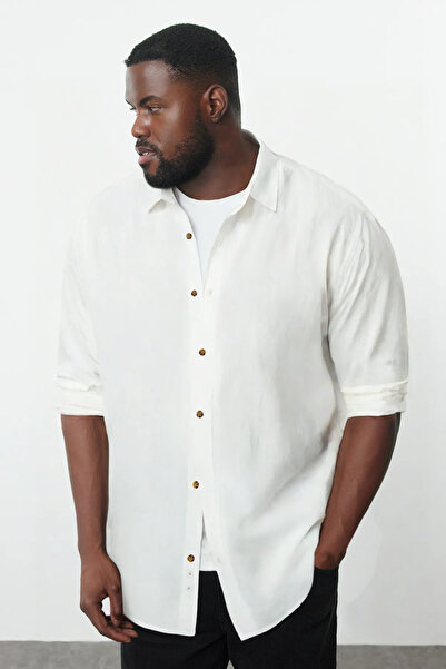 Trendyol Collection White Regular Fit Epaulettes Wrinkled Effect Linen Look Large Size Shirt