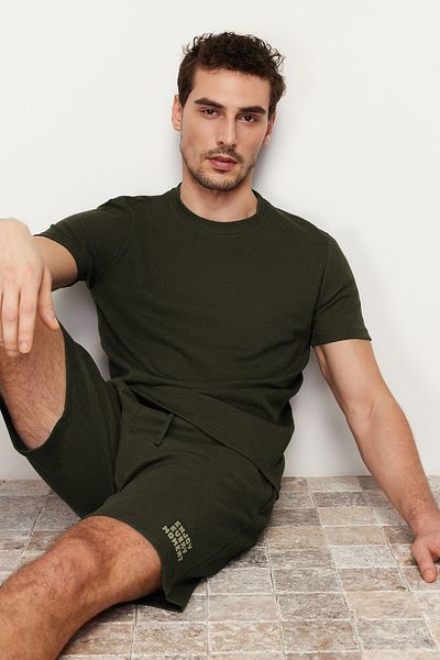 Trendyol Collection Σετ πιτζάμες με χακί κανονική εφαρμογή βάφλα πλεκτό σορτς TMNSS23PT00032
