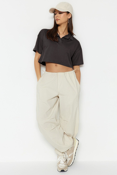 Trendyol Collection Polo Neck Crop Knitted T-Shirt - Anthracite, 100% Cotton - Twoss22Ts0241