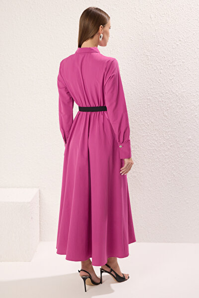 Trendyol Modest Φούξια υφαντό φόρεμα - Λεπτομέρεια ζώνης, TCTAW25EB00090