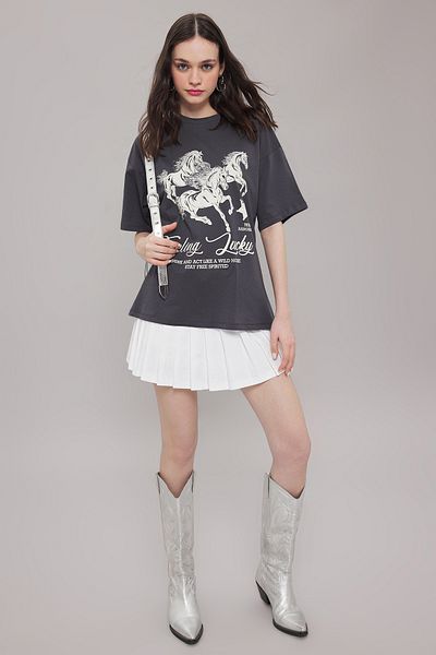Trendyol Collection Anthracite Printed Oversize Cotton T-Shirt - Twoss25Ts00075