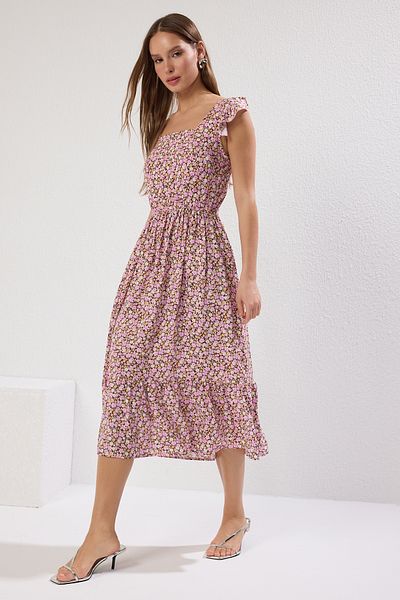 Trendyol Collection Λιλά φλοράλ στάμπα Τετράγωνος γιακάς σε γραμμή Α Viscose Midi υφαντό φόρεμα TWOSS20EL3331