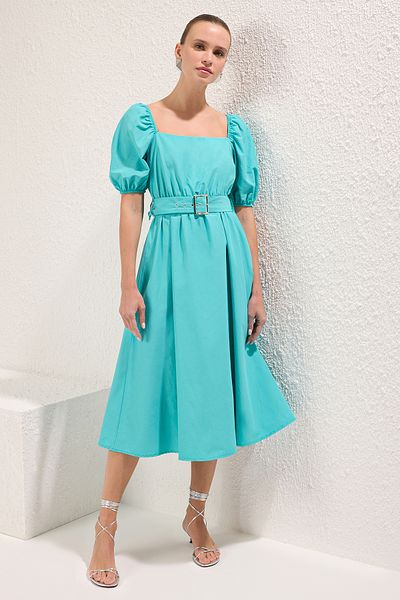 Trendyol Collection Petrol Straight Skirt Waist Opening Midi Woven Dress with Belt Twoss23El01123