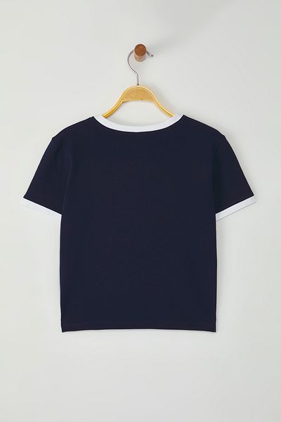 Trendyol Collection Μπλουζάκι Navy Blue Block Slogan Crop - Καθισμένο στο σώμα, TWOSS25TS00035