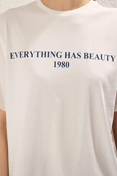 Trendyol Collection Ecru Slogan Printed Wide Cut Cotton T-Shirt - Twoss19Gh0034