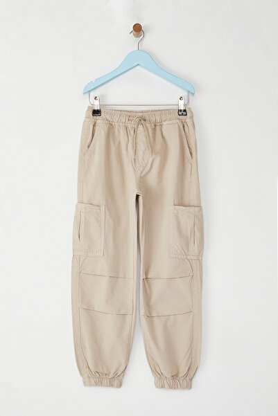 TRENDYOLKIDS Beige Boy's 100% Cotton Elastic Denim Trousers with Pocket Detail